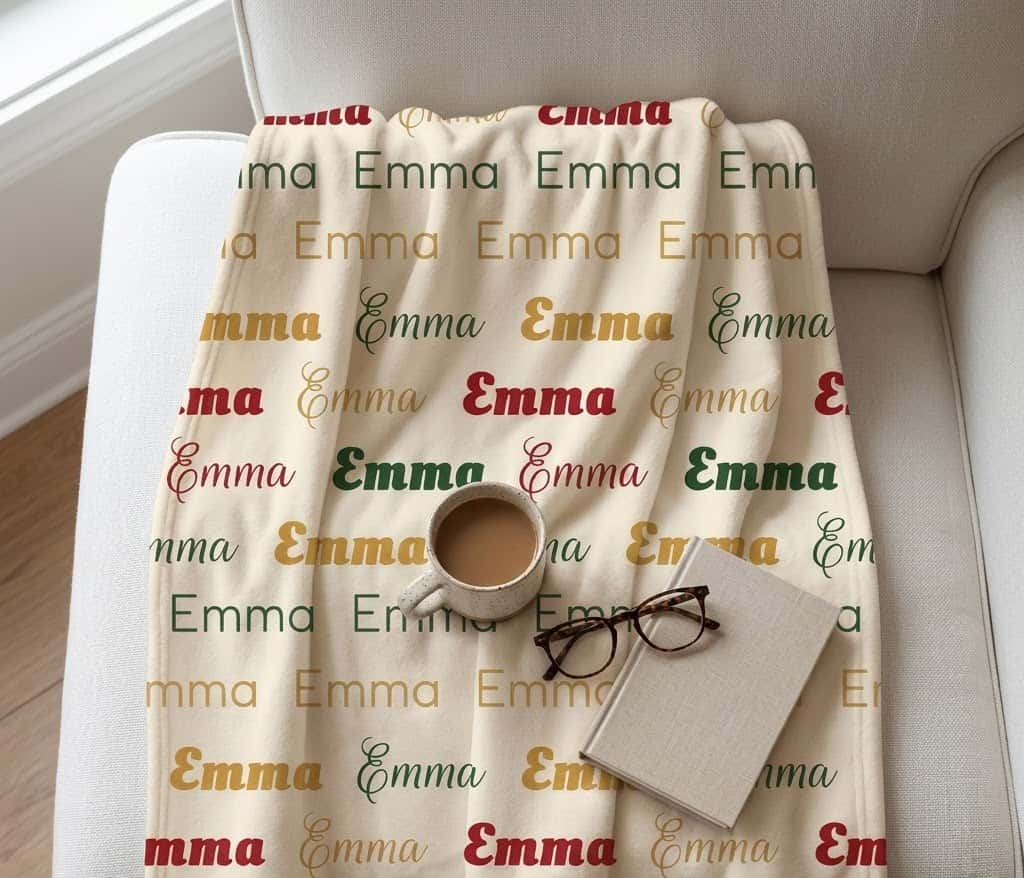 Emma Christmas name pattern throw on a sofa with coffee and a book