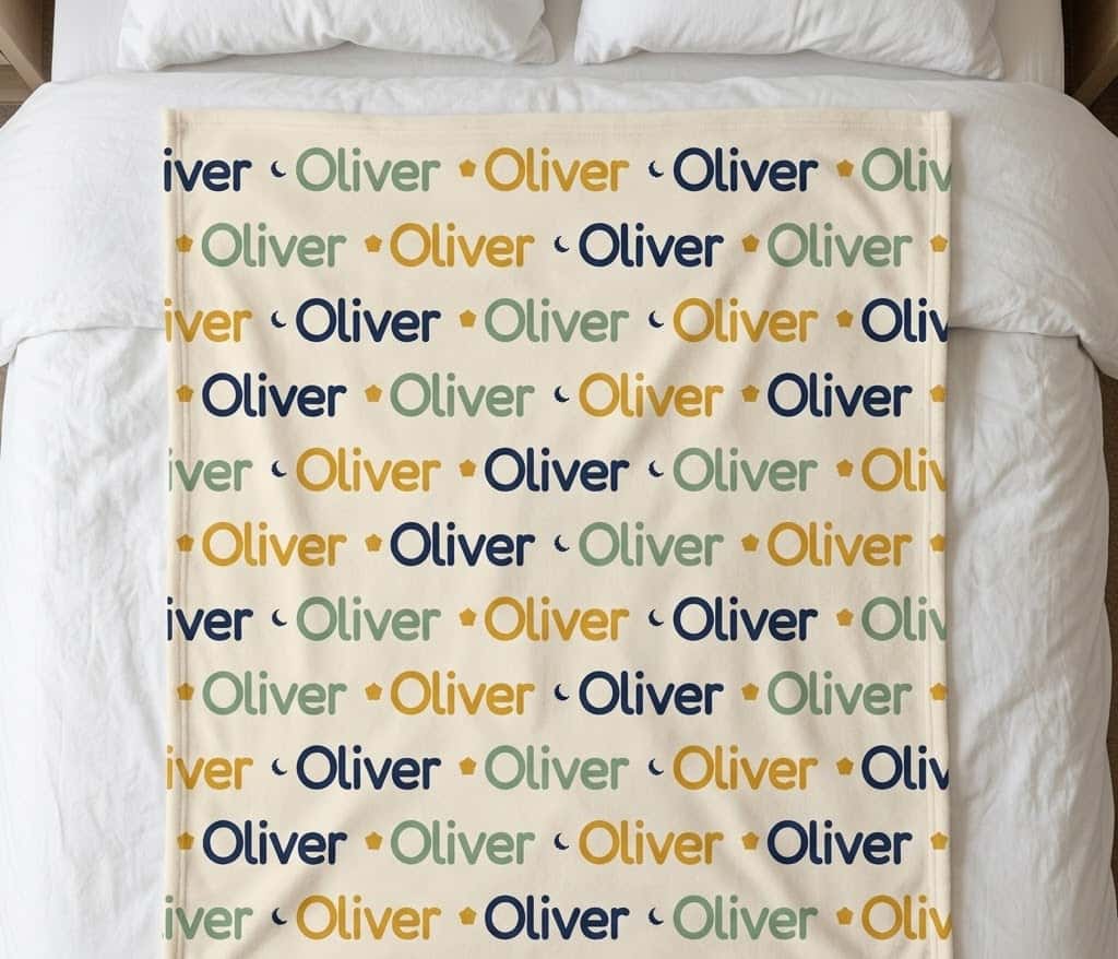 Repeat name blanket with Oliver in navy, sage and mustard, flat on a bed
