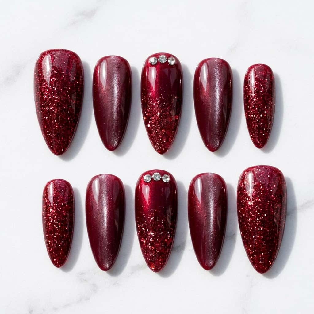 Ruby glitter press on nails set with red cat eye, two mirrored rows