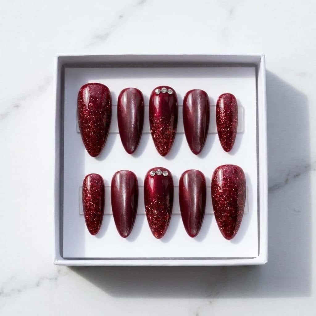 Ruby glitter press on nails set in a white gift box