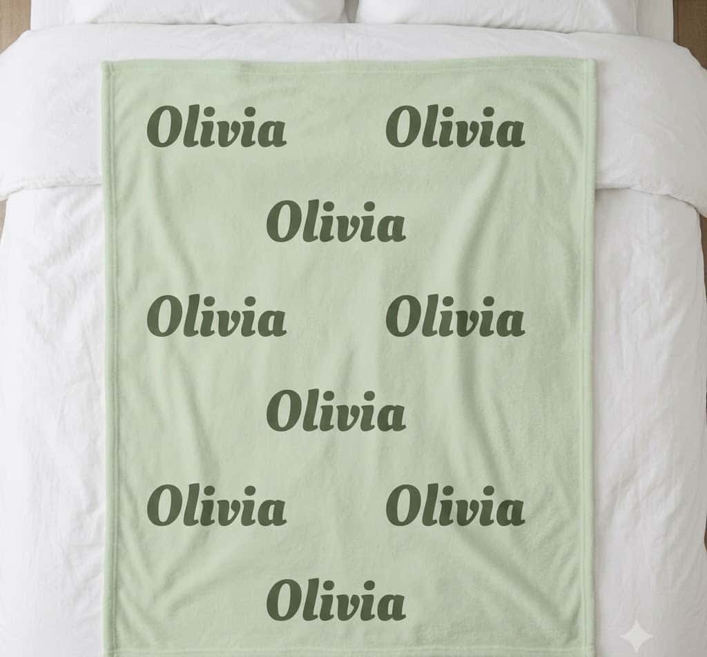 Script name blanket with Olivia repeated in olive script on sage, flat on a bed