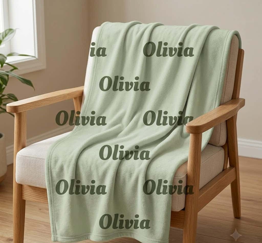 Olivia sage script name blanket on an oak armchair, angled view