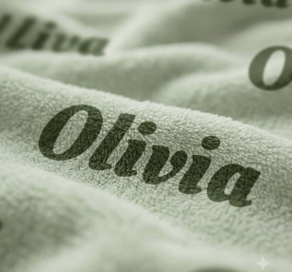 Close up of the Olivia script name printed on sage flannel