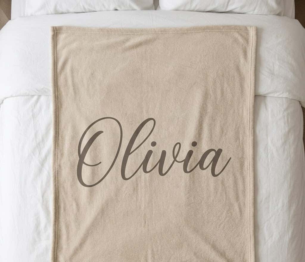 Script name throw blanket with Olivia in taupe on oatmeal, flat on a bed