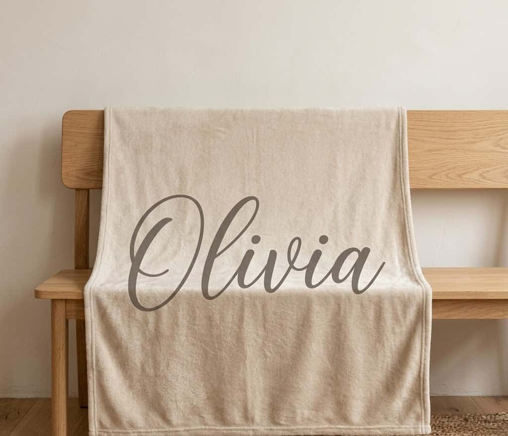 Neutral Olivia script name throw draped over a light oak bench