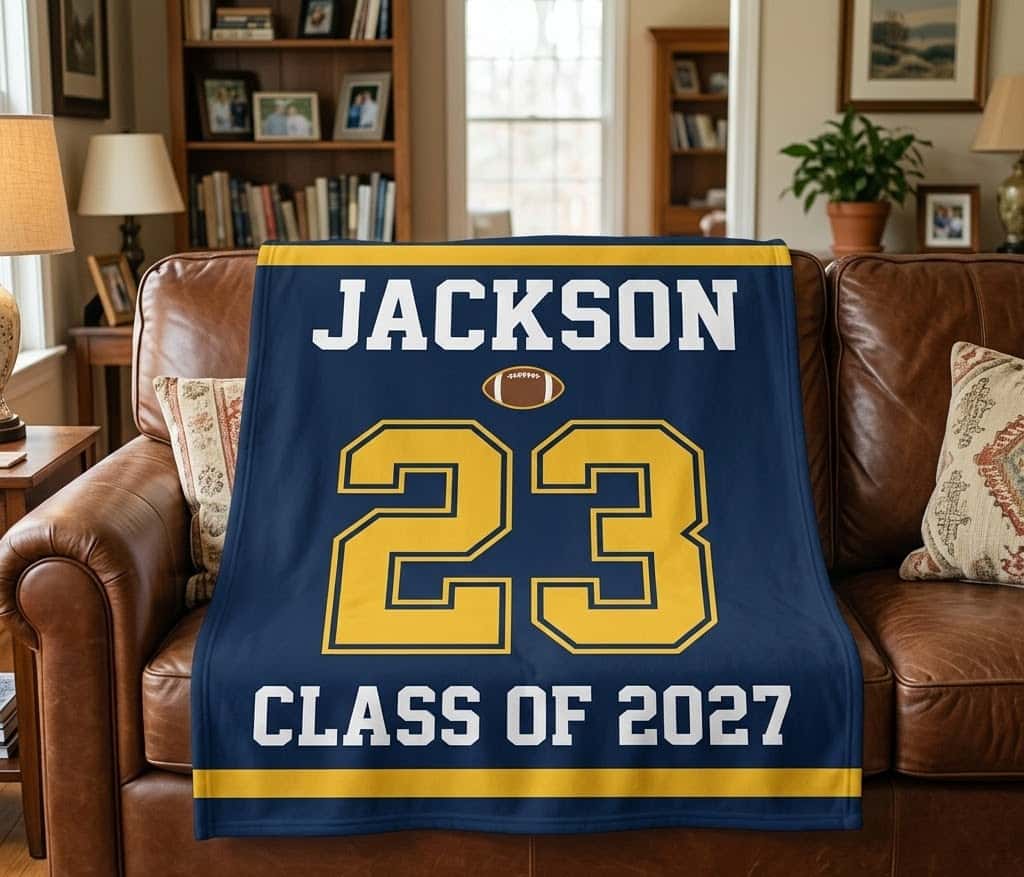 Jackson senior football throw hung flat over a leather sofa, Class of 2027 readable