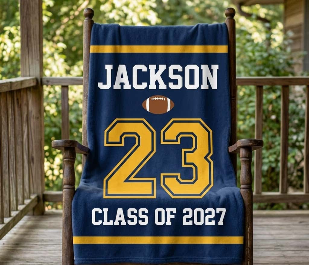 Jackson 23 Class of 2027 football blanket over a porch rocking chair