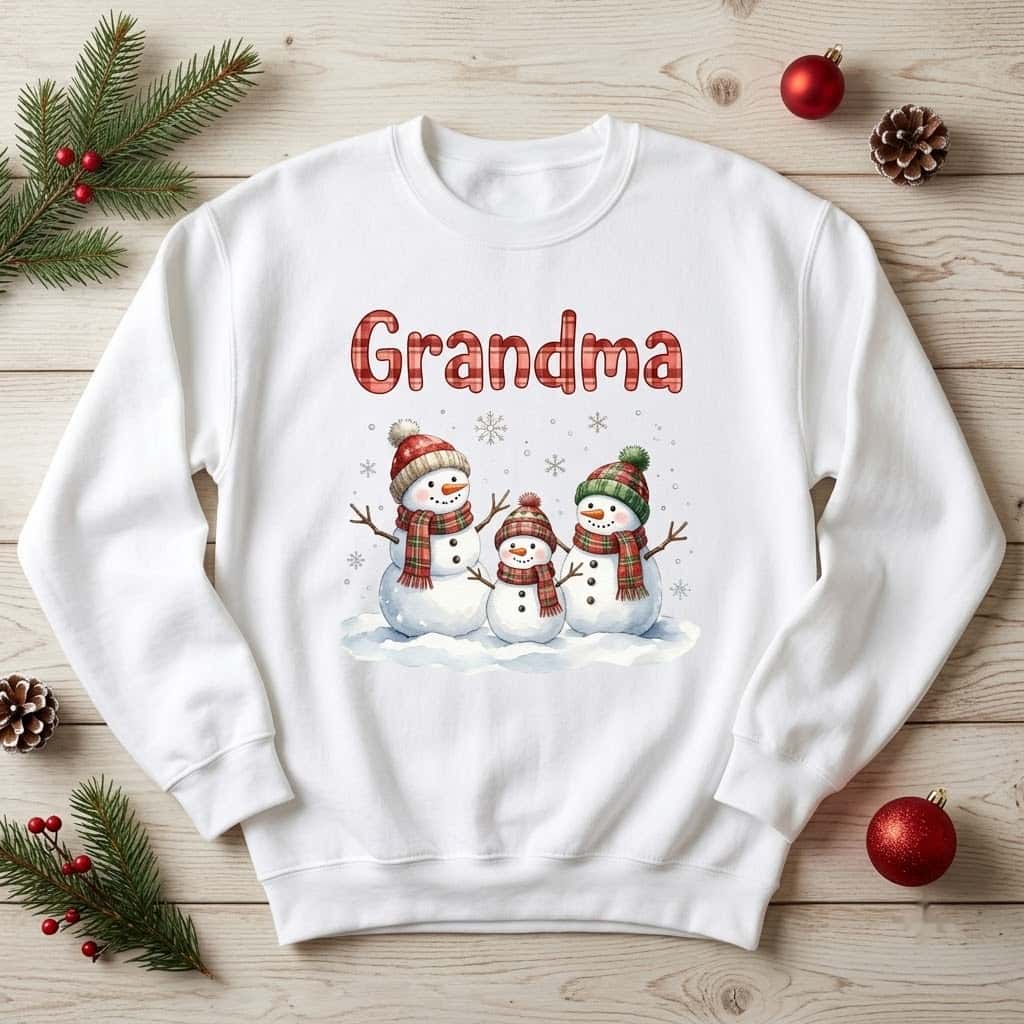 Snowman grandma sweatshirt in white with three snowmen in plaid scarves