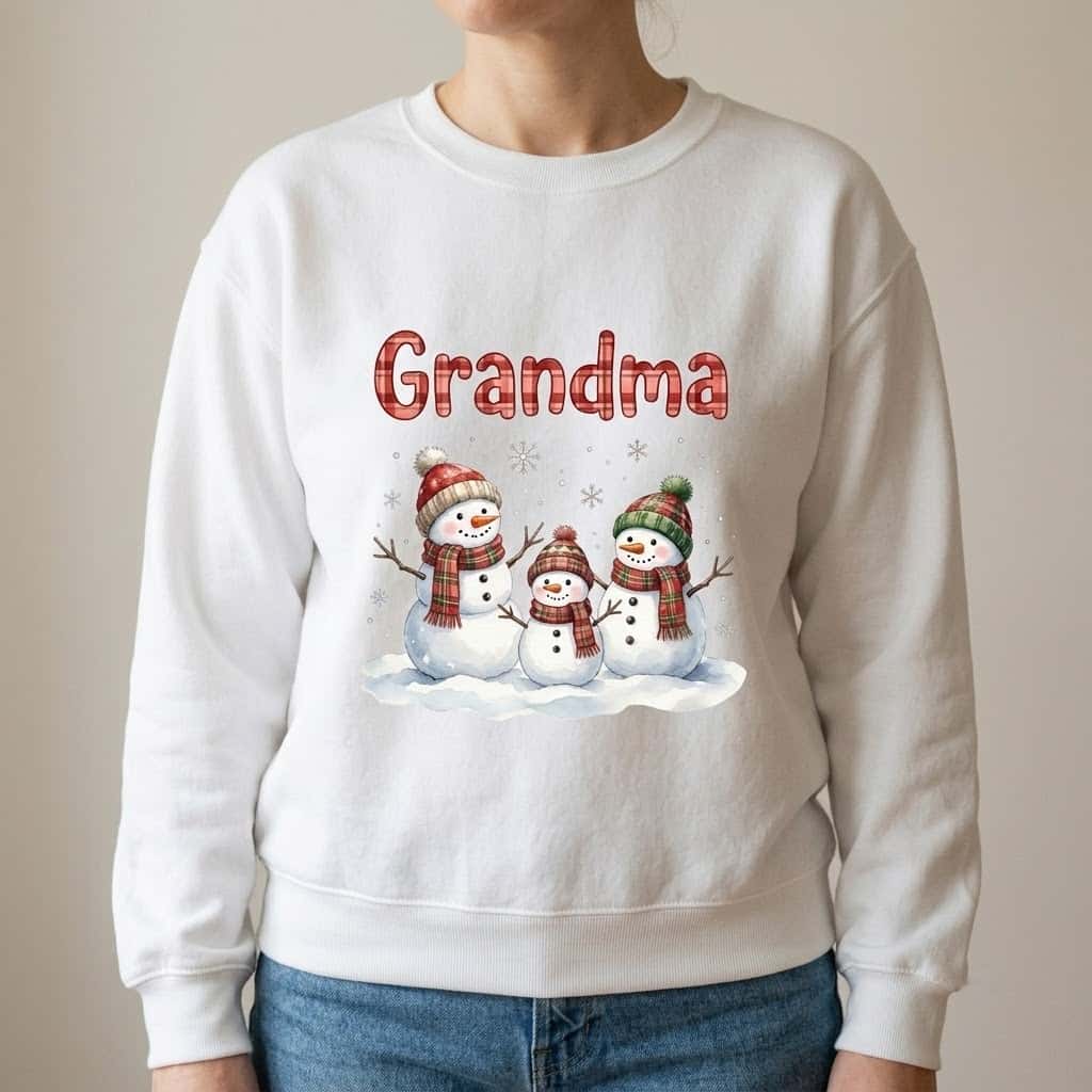 Person wearing a white crewneck with watercolor snowman Grandma print