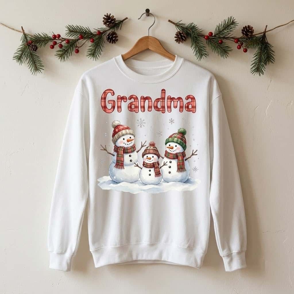 White winter crewneck on a wooden hanger under a pine cone garland