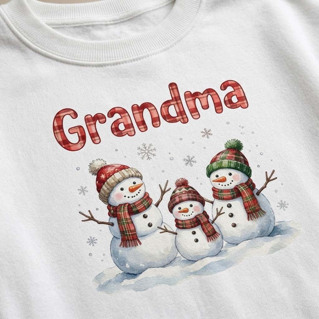 Close-up of plaid Grandma letters and snowmen in knit hats
