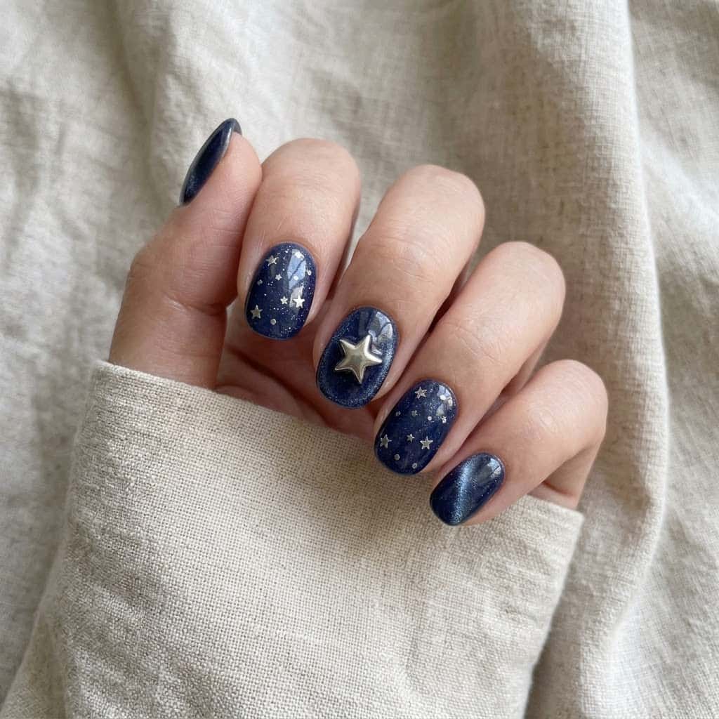 Hand wearing star dot nails with the hero design on the middle finger