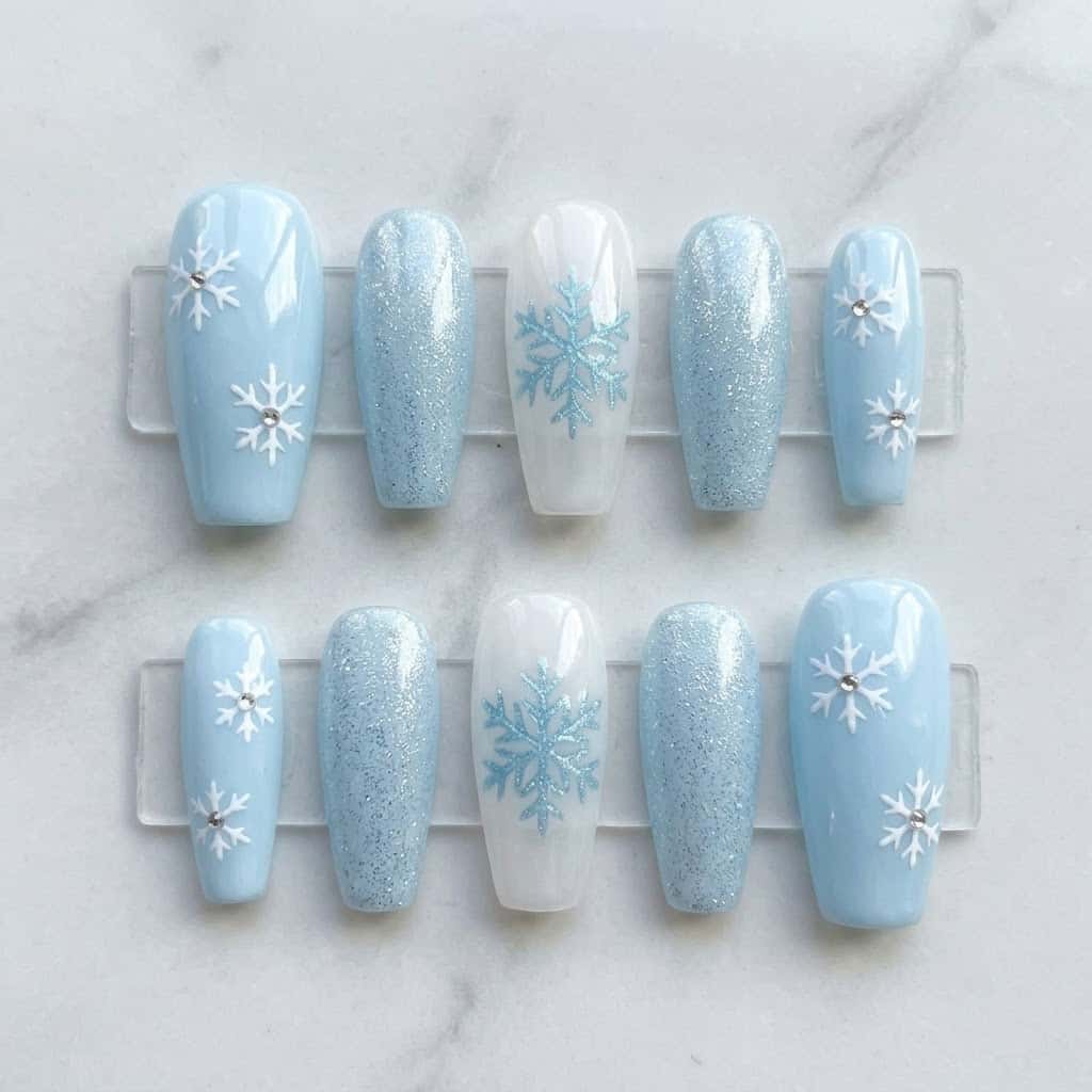 Winter wonderland nails, ten icy blue coffin nails in two mirrored rows