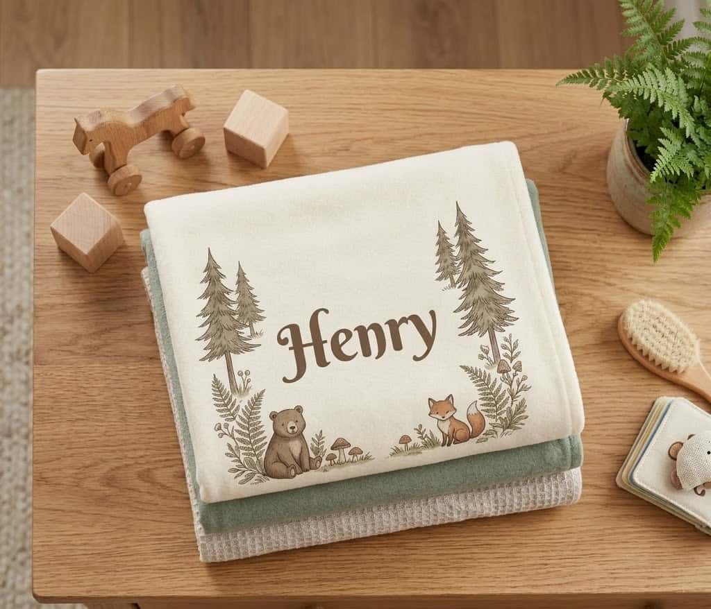 Henry woodland storybook blanket folded on a wooden nursery dresser