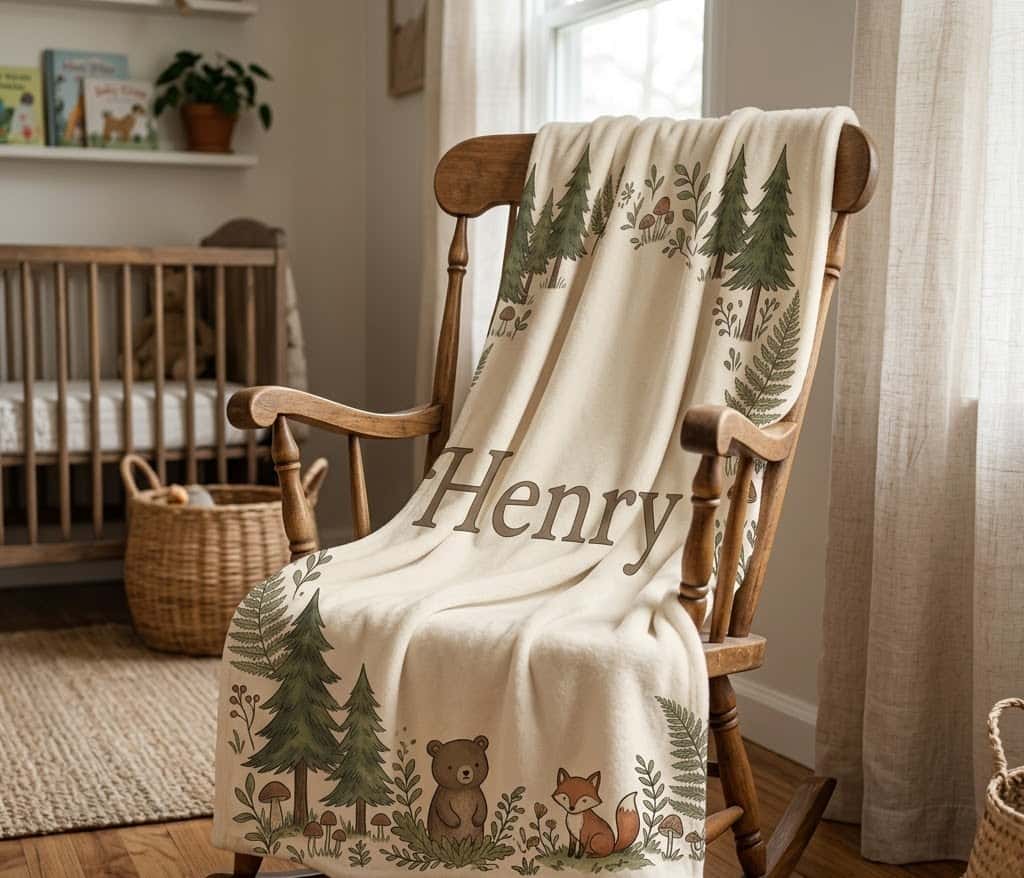 Vintage woodland baby name throw draped over a rocking chair