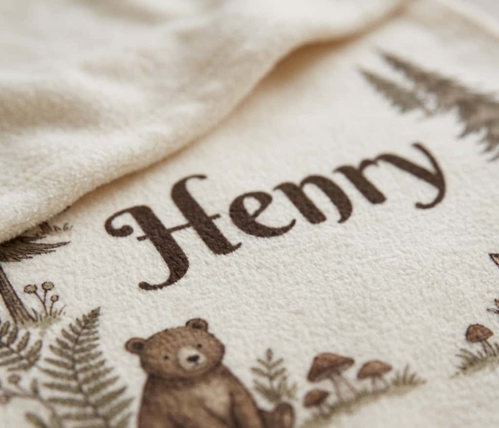 Close-up of brown Henry lettering and a small bear on flannel