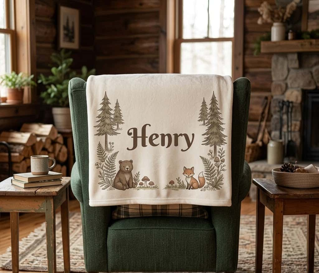 Henry woodland name blanket hung over a green armchair in a cabin