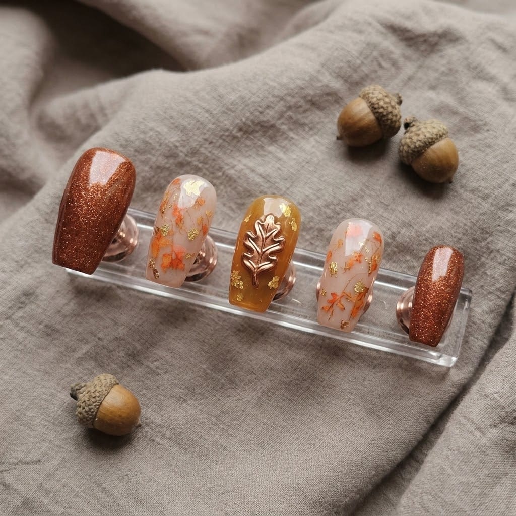 Copper glitter and nude leaf press on nails on a clear acrylic stand