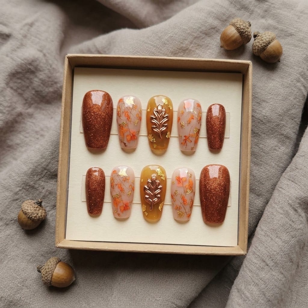 Autumn leaf press on nail set packed in a kraft gift box in hand order