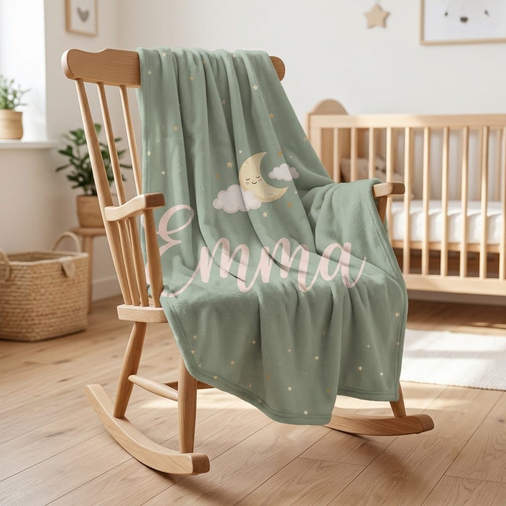 Personalized baby blanket draped on wooden rocking chair in nursery
