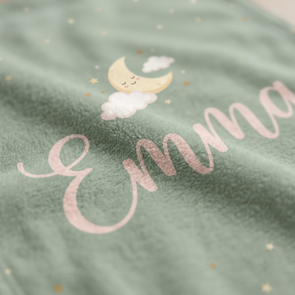Close-up of blush Emma script and crescent moon on flannel