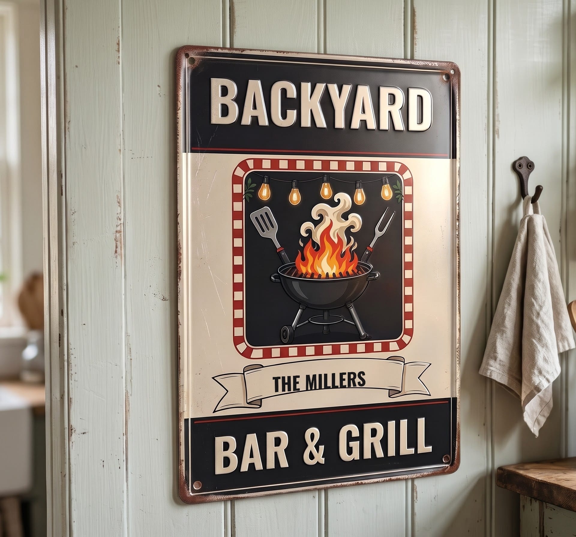 Personalized backyard bar and grill sign in a farmhouse kitchen