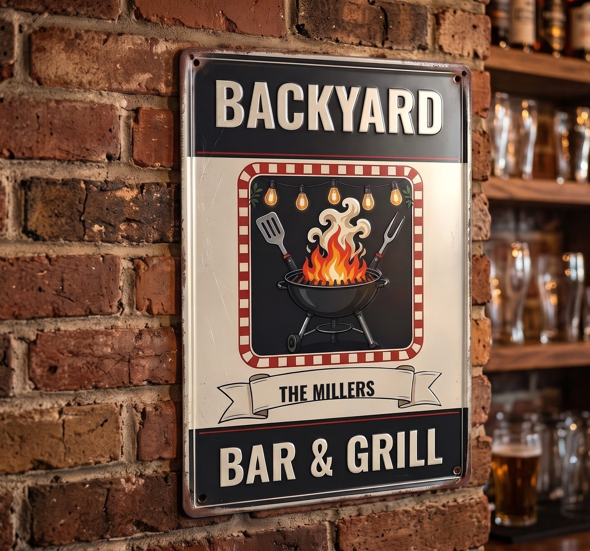 Backyard bar and grill metal sign with name banner on brick