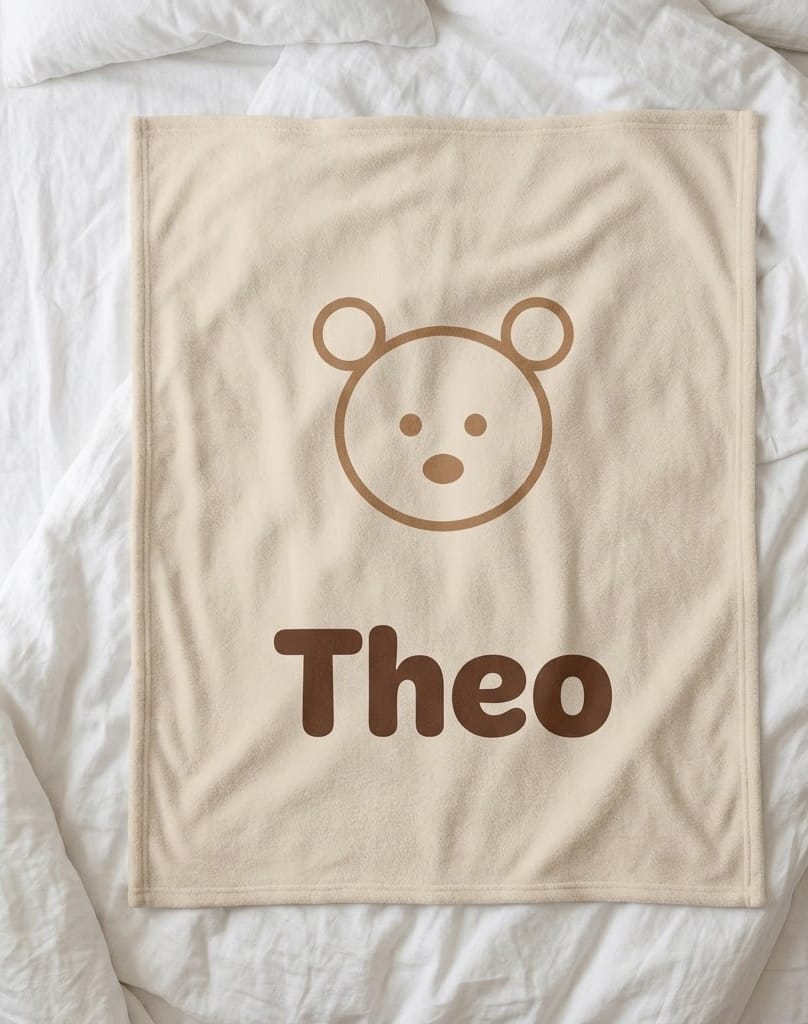 Bear name baby blanket with Theo under a line-art bear, on a bed