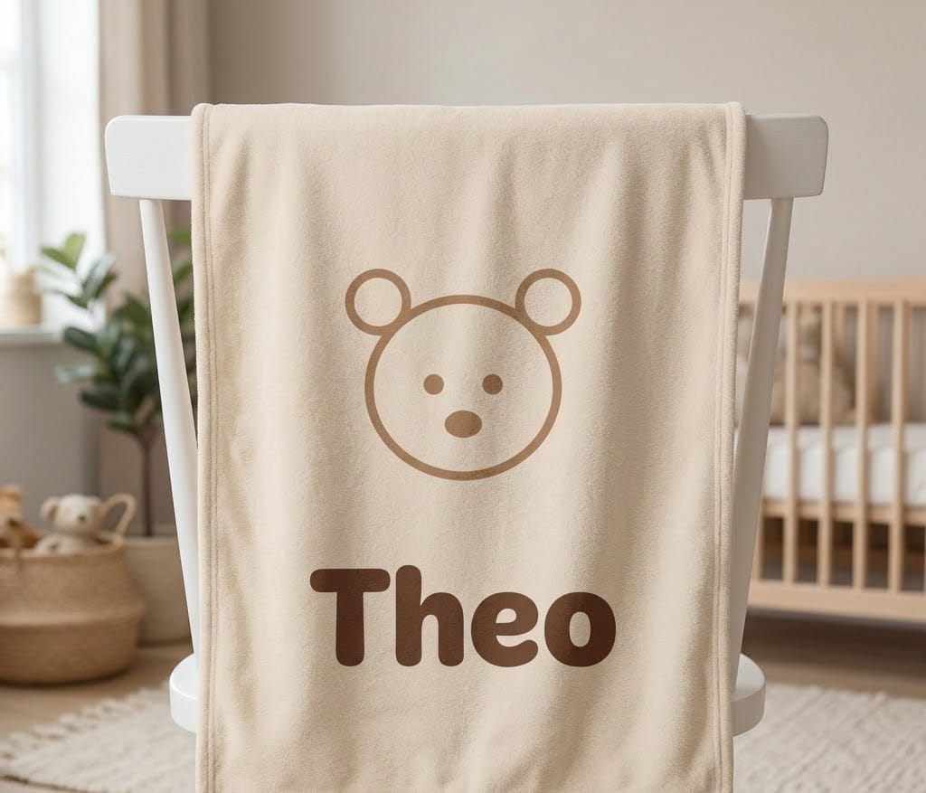Theo minimal bear name blanket hung over a white chair back in a nursery