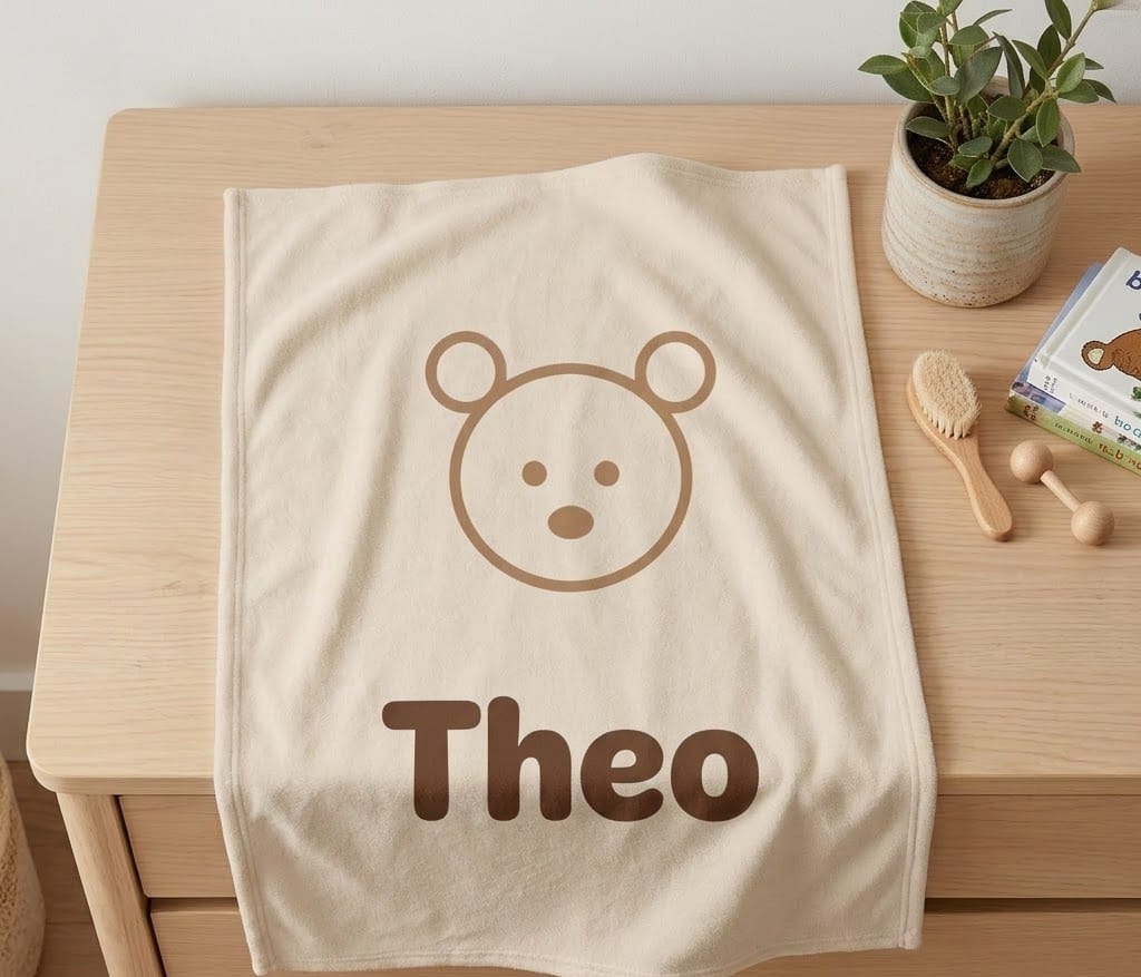 Theo bear name throw draped over a light wood dresser beside a plant