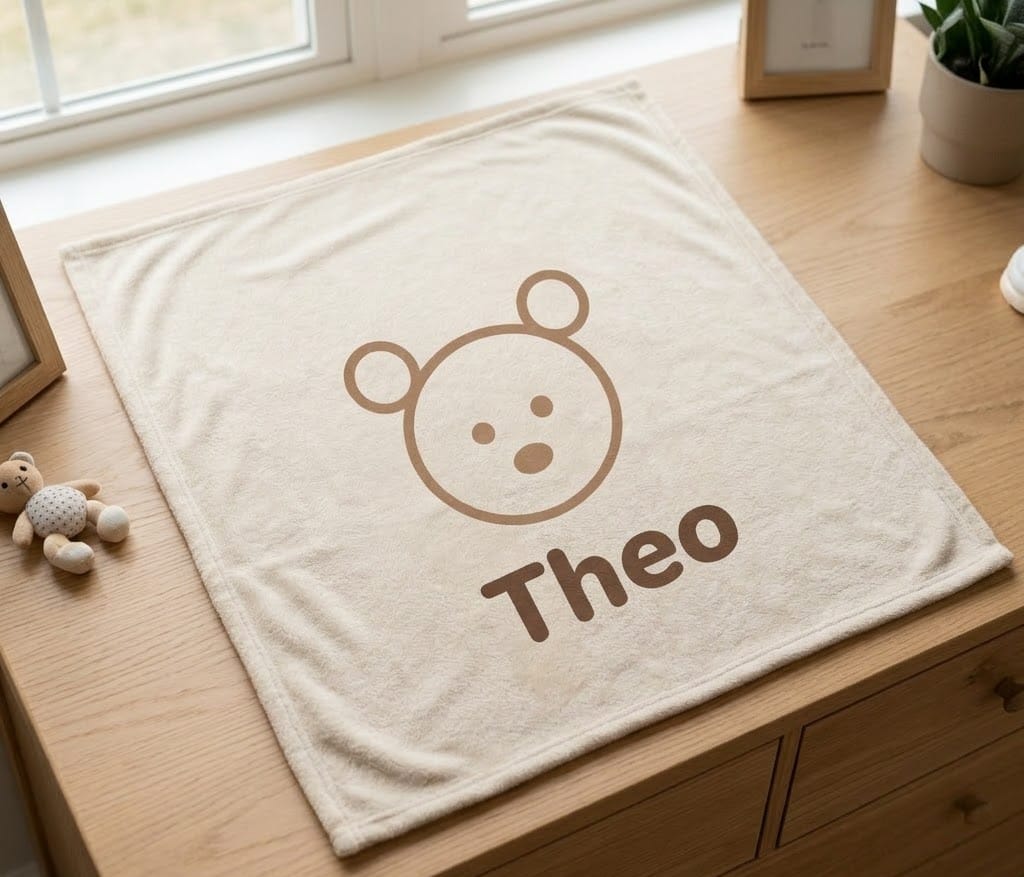 Angled view of Theo bear name blanket lying on a wooden dresser top