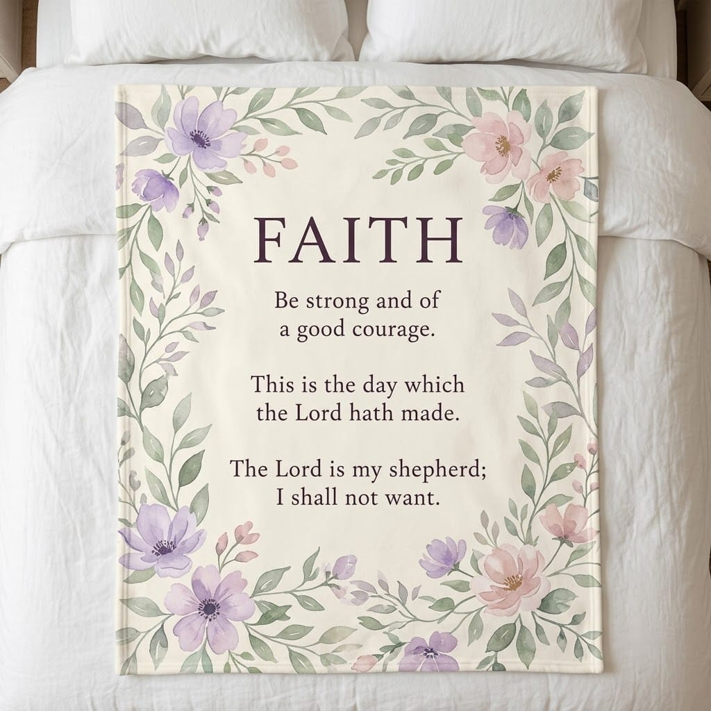 Bible verse blanket with large FAITH word and lavender watercolor florals on a bed