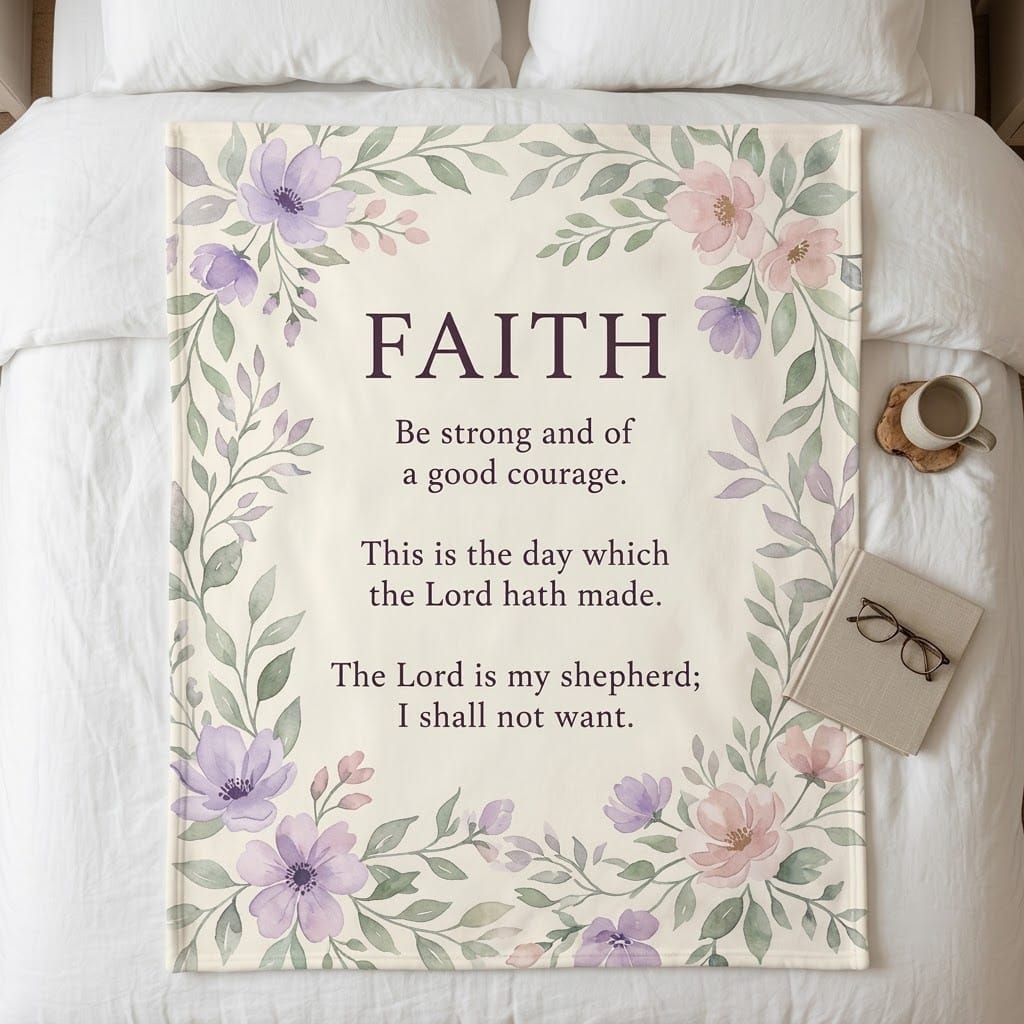 Floral scripture flannel blanket on a bed with coffee and a notebook