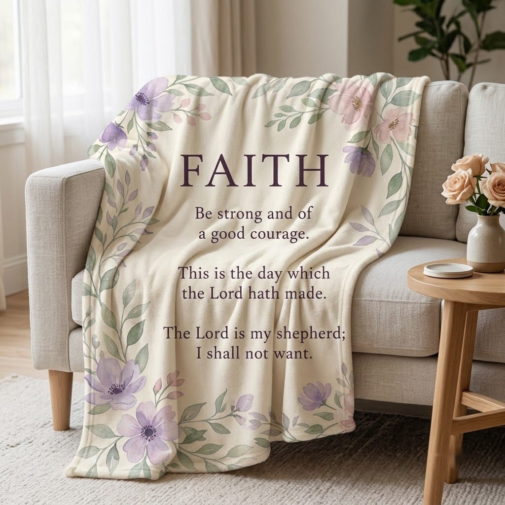 FAITH bible verse throw blanket draped over a gray sofa beside roses