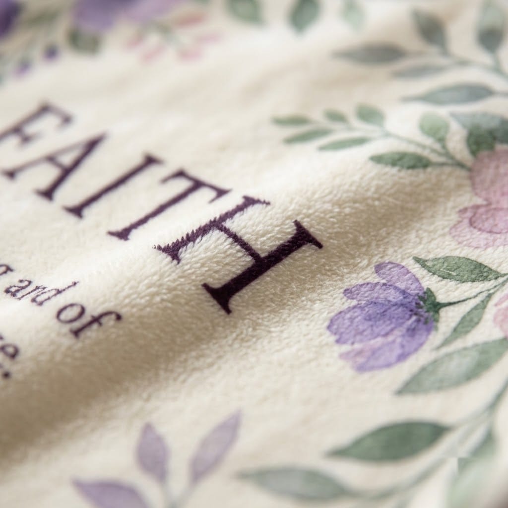 Close-up of FAITH lettering and watercolor flowers on cream flannel