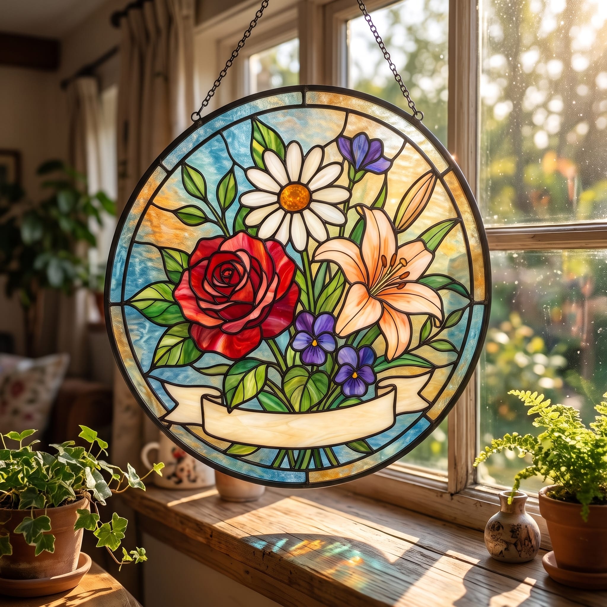 Birth flower suncatcher with personalized name hanging in a sunny window