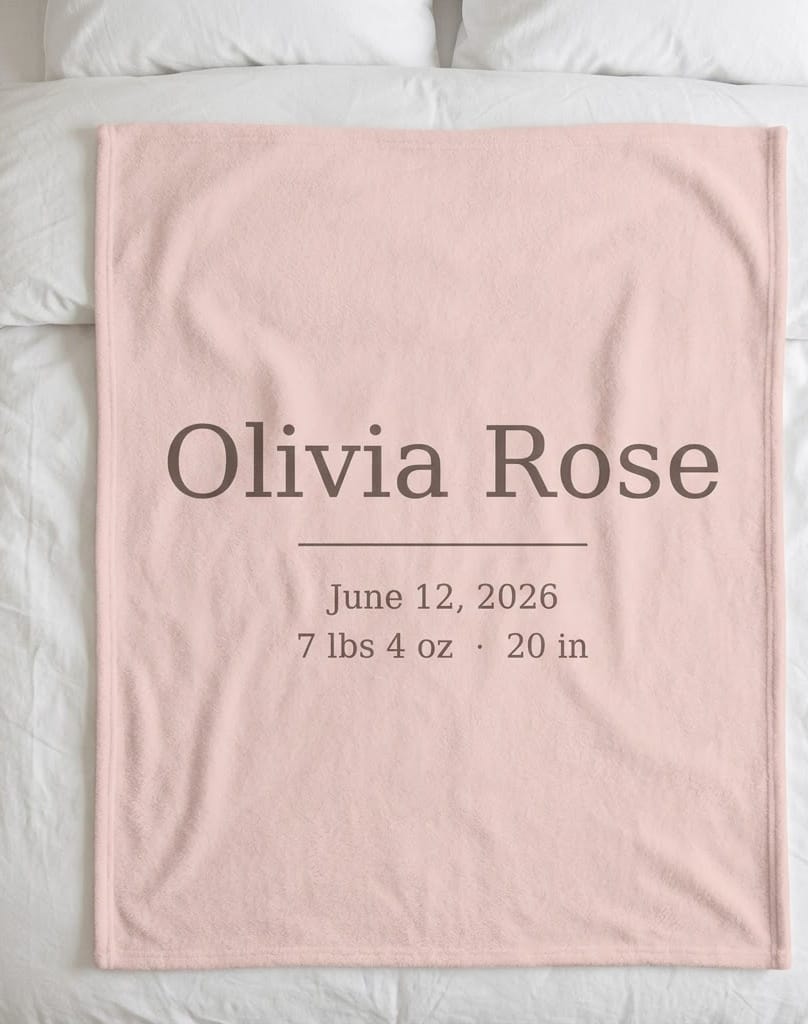 Birth stats blanket with Olivia Rose name and birth details on blush