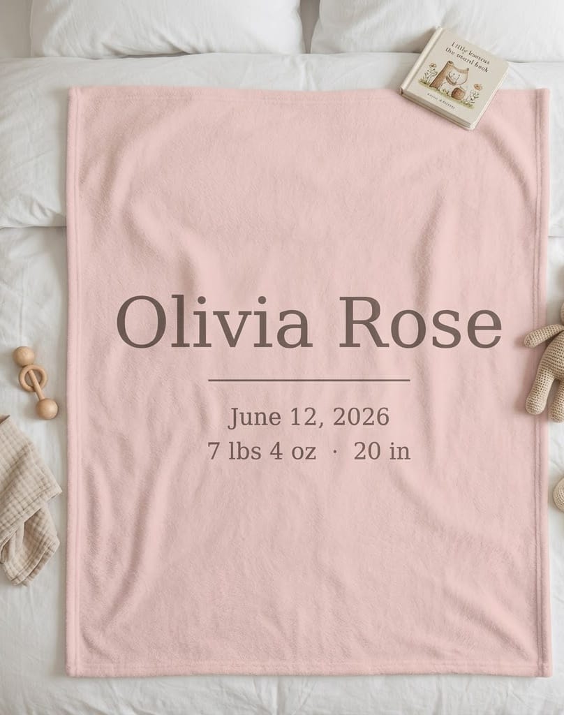 Blush Olivia Rose birth date flannel blanket on a bed with baby toys