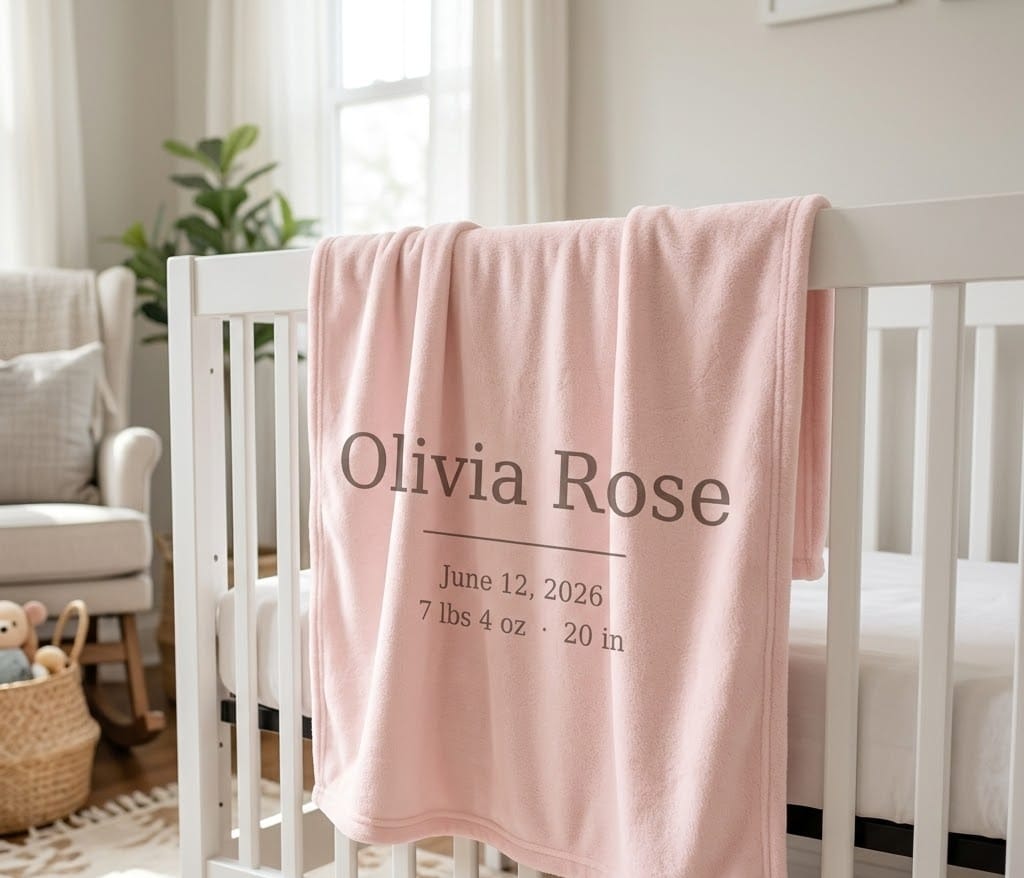 Baby birth stats throw draped over a white crib in a nursery