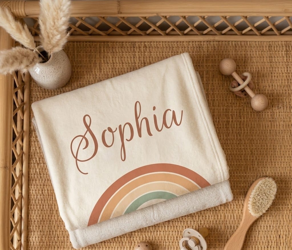 Folded Sophia rainbow blanket from above on a rattan dresser with baby toys