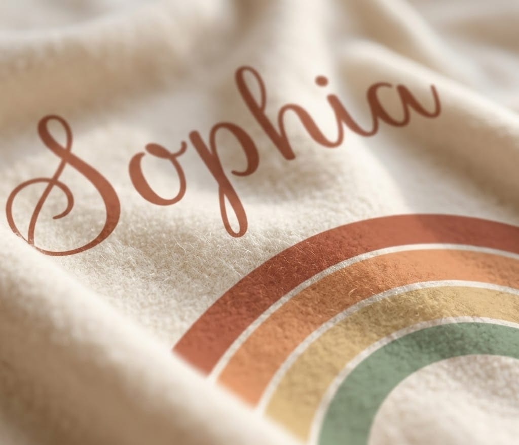 Close-up of Sophia script and soft rainbow stripes on cream flannel