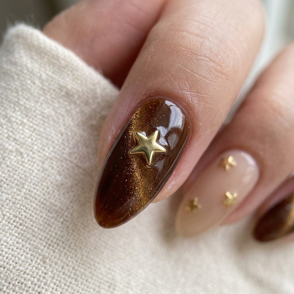 Close-up of the hero brown cat eye nail with 3D detail