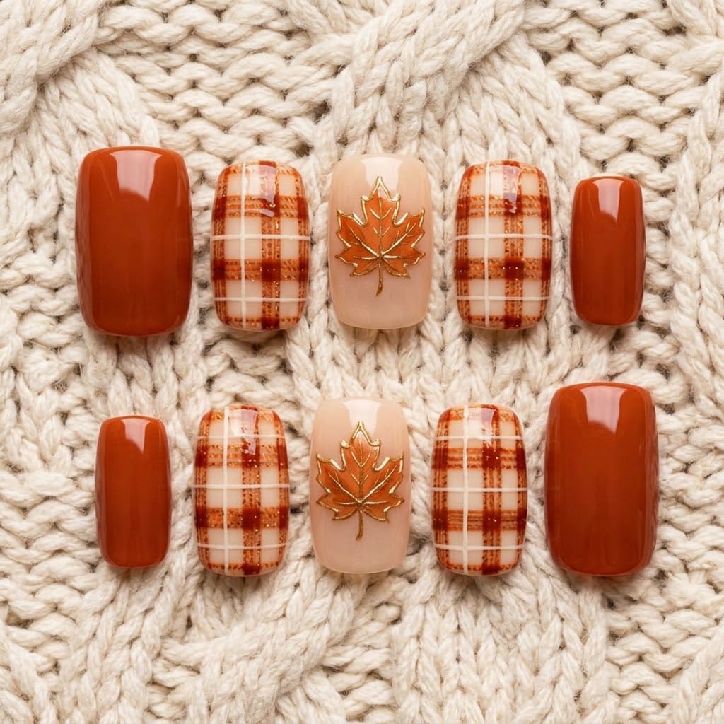Burnt orange nails, square set of 10 in two mirrored rows