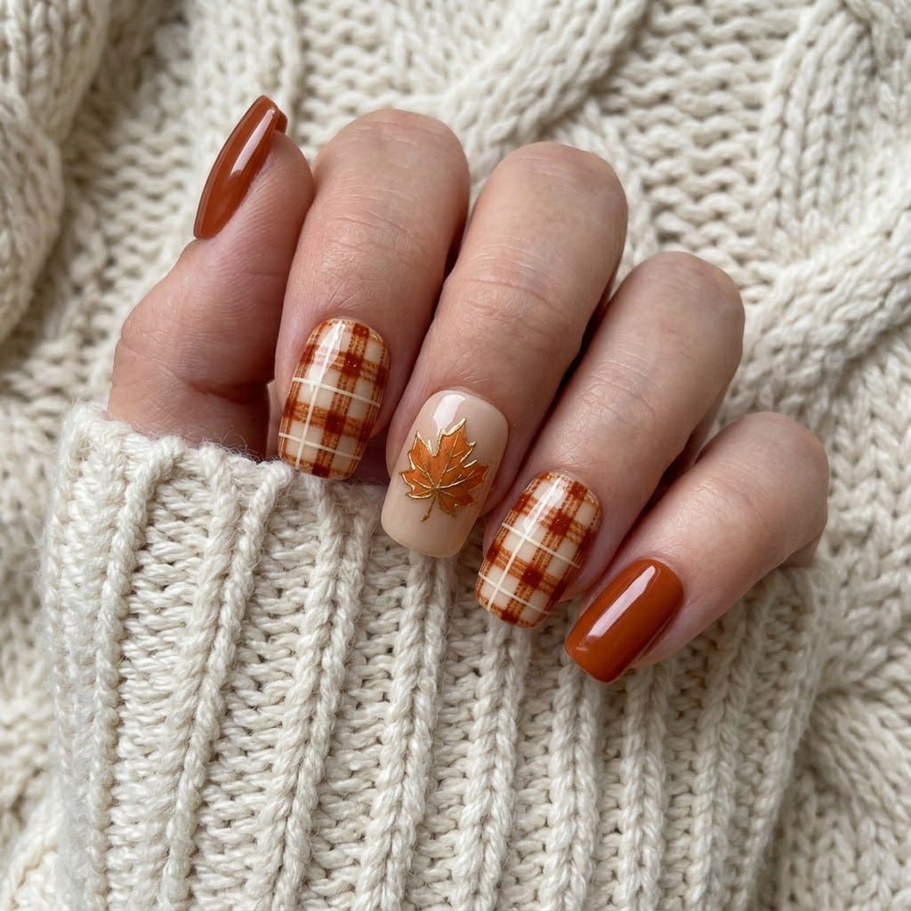 Burnt orange nails worn on one hand in finger order