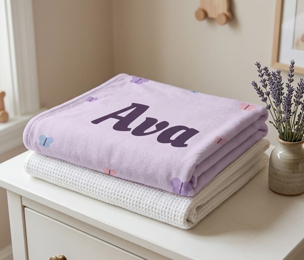 Folded lavender Ava butterfly blanket on a white dresser beside lavender sprigs