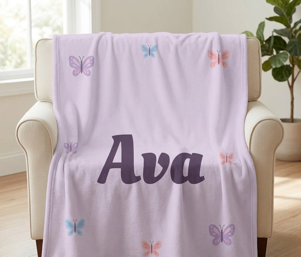 Ava butterfly name throw draped over a cream armchair in a bright room