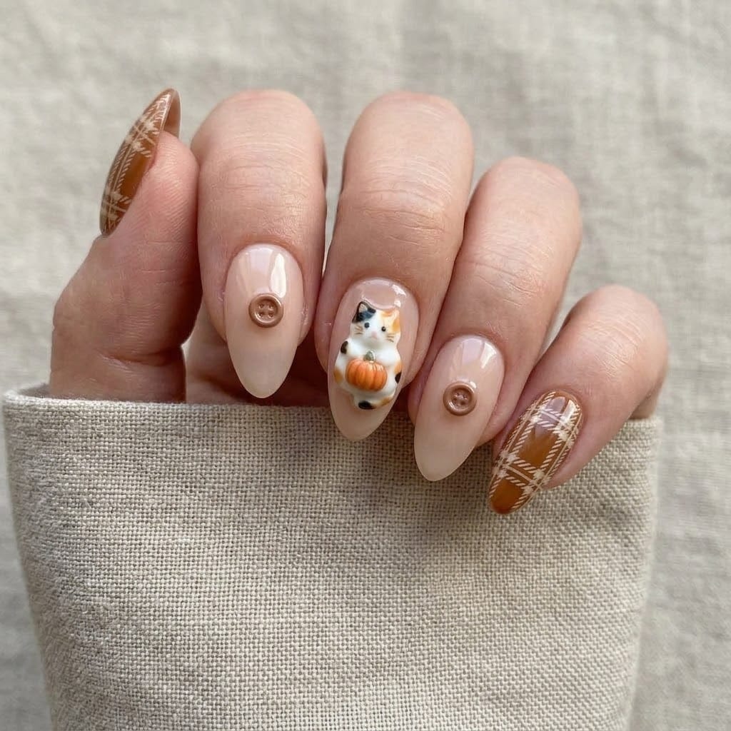 Calico cat nails worn on a hand with plaid thumbs and button accents