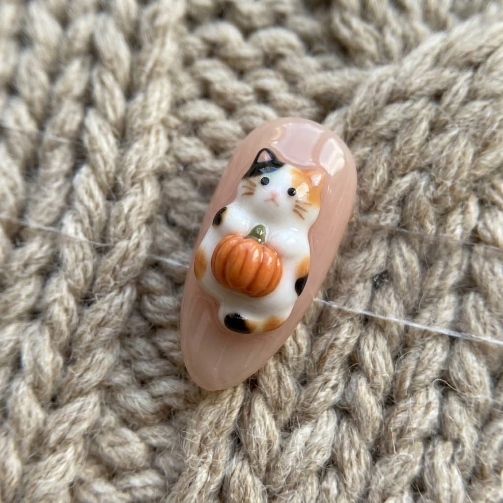 Close-up of the raised 3D calico cat hugging a tiny orange pumpkin