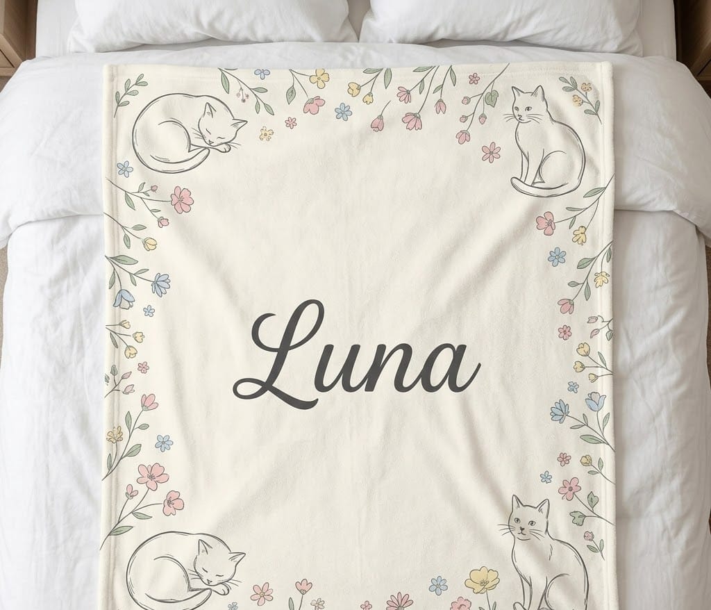 Cat name blanket with Luna and line-art cats, flat on a bed