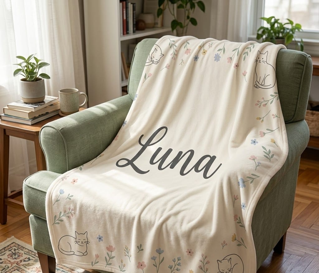 Luna cat name blanket draped on a sage armchair, angled view